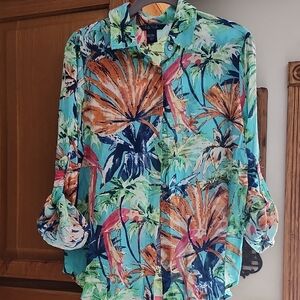 Life Style Tropical Print Hawaiian Style Button-Up Blouse Small